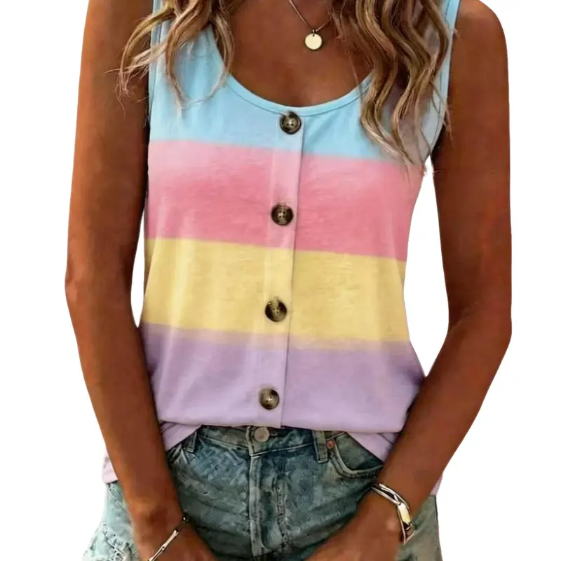 Women Summer Round Neck Boho Bohemian Sleeveless Knitted Tank Top, Colorful Wide Stripe Button Decor Casual Top for Vacation Daily Leisure Wear