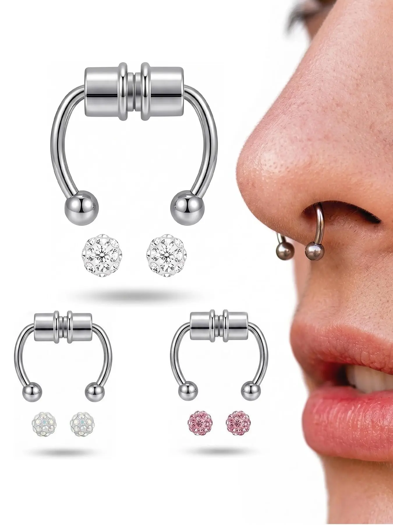 3-piece nose ring set Body Jewelry Nose Rings Hoops Fake Nose Ring Fake Septum Fake Lip Rings Fake Piercings Fake Septum Piercing Fake Nose Piercing Fake Nose Hoop Double Hoop Nose Ring Fake Double Nose Ring Nose Cuffs Faux Nose Rings Clip