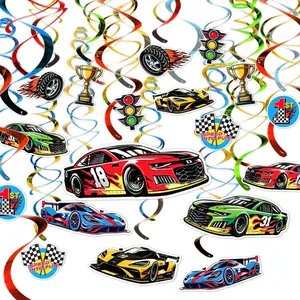 Race   Swirl Decorations, 18 count Ceiling Streamers Kit with Checkered Flags, , Trophies and Pre-Assembled Hooks for Racing Party Setup