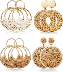 4 Pairs Handmade Raffia Rattan Bohemian Round Drop Dangle Earrings for Women, Boho Statement Cute Fun Hoop Earrings Set