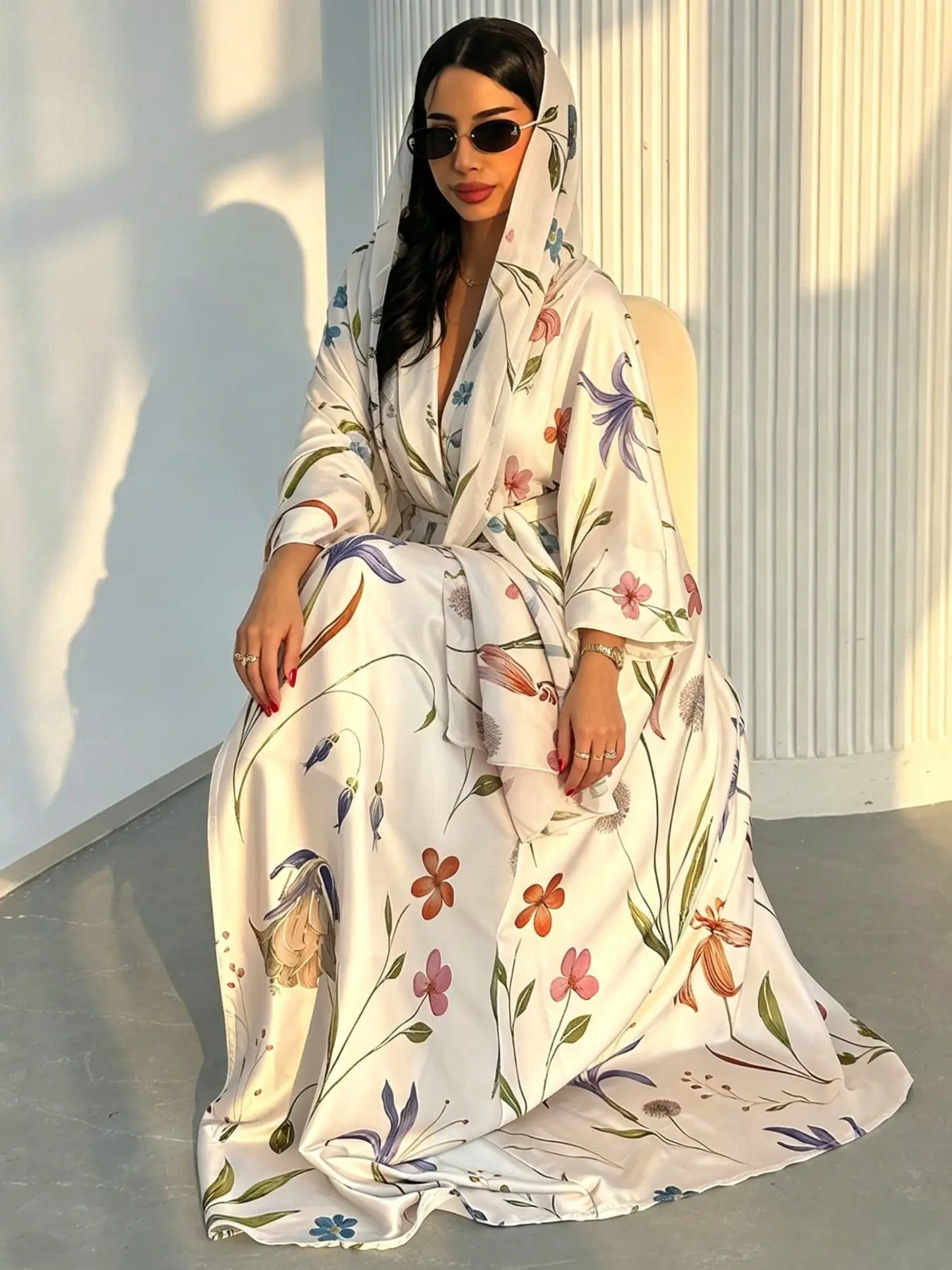 Women's Hijab Set with Open Abaya, Floral Print Long Sleeve Top, Loose-Fit H-Type Design, Modest Muslim Outfits, Ideal for Daily Wear, All Seasons