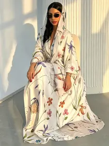 Women's Hijab Set with Open Abaya, Floral Print Long Sleeve Top, Loose-Fit H-Type Design, Ideal for Daily Wear, All Seasons