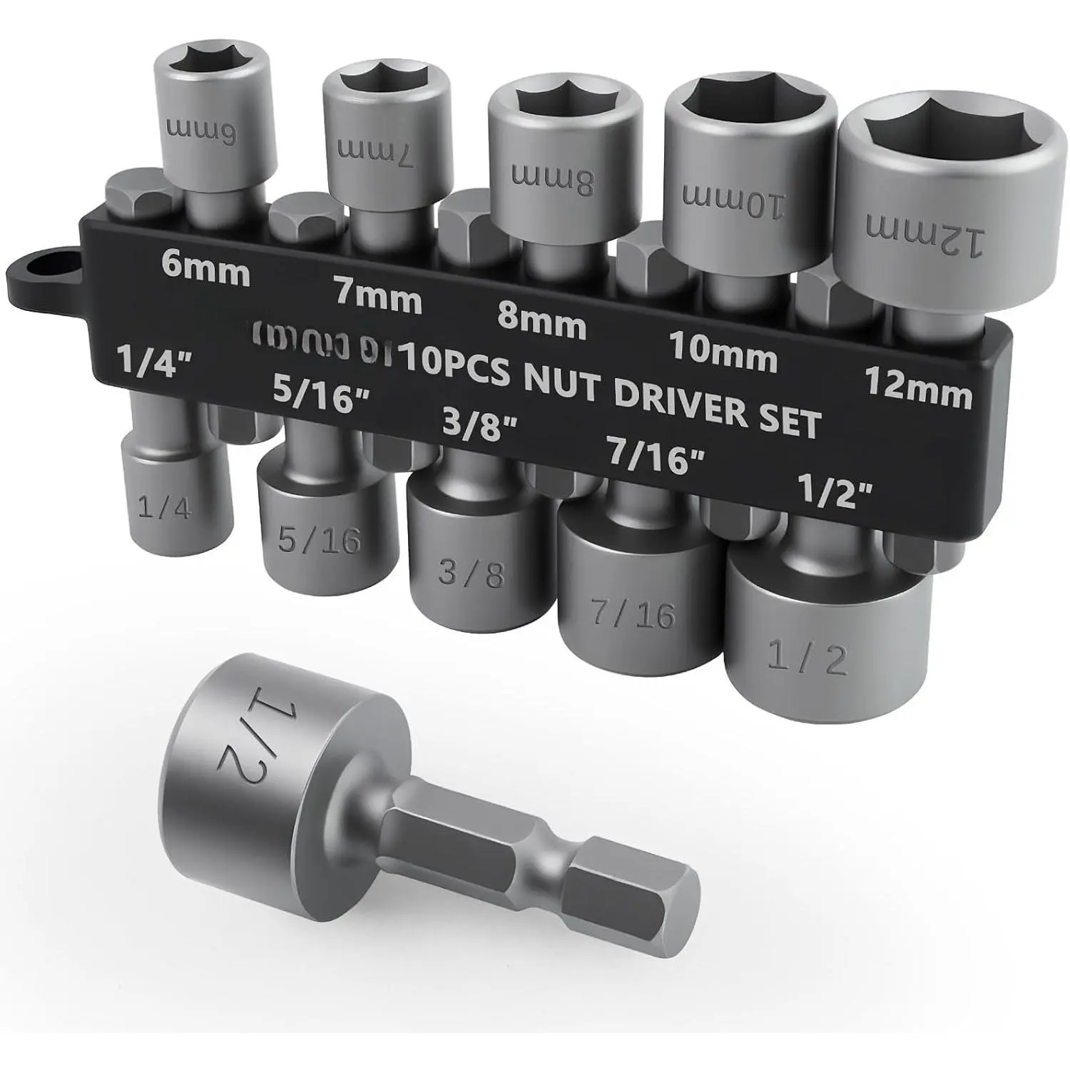 10 count Power Nut Driver Set for  Drill, 5 Metric & 5 SAE | Drill Socket Set with Tight Fit Storage Holder, Nut Drivers Bit Set with Ridge Design 1/4 Hex Shank for Wide Compability