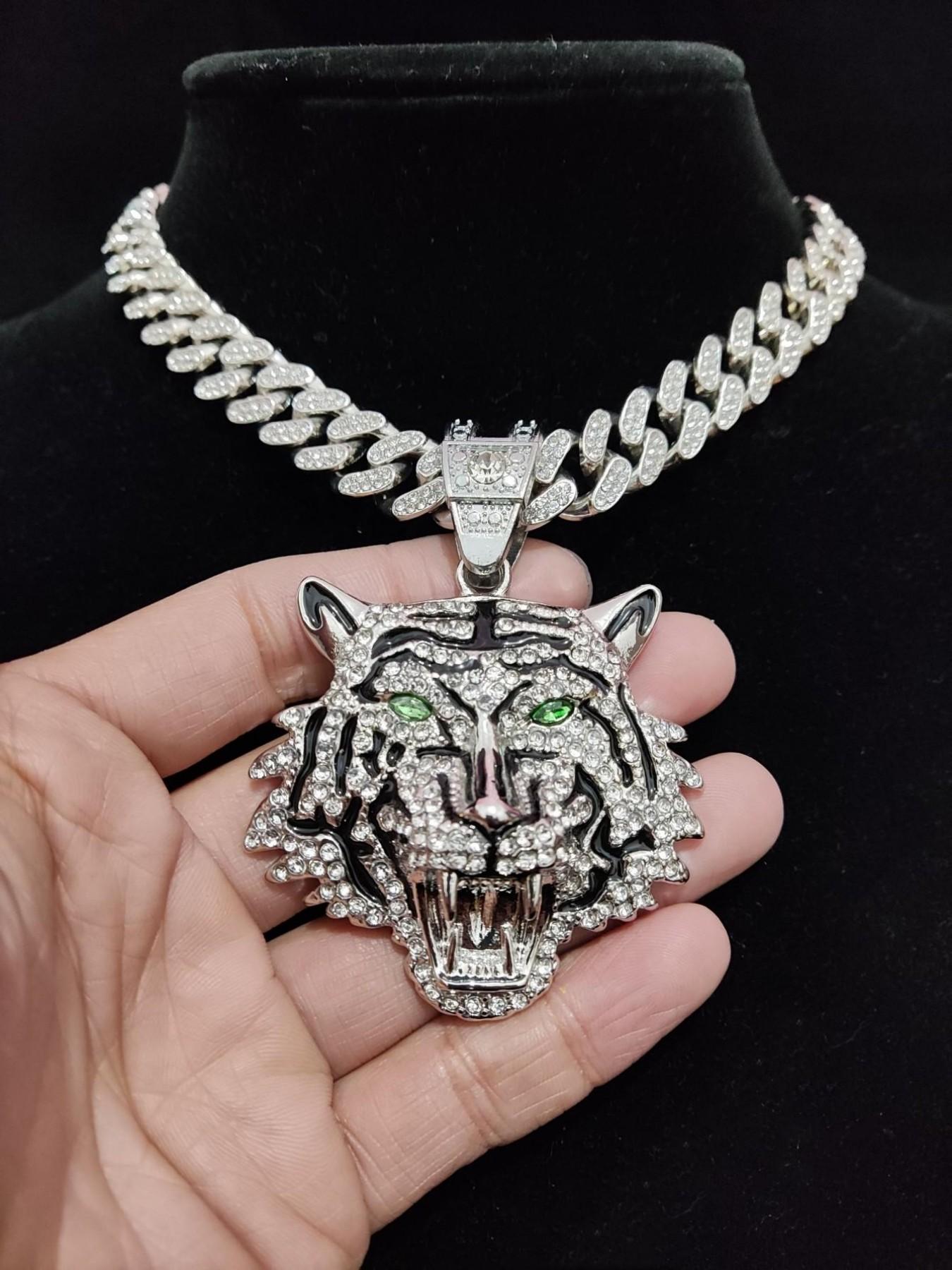 Hip Hop Luxury Rhinestone Tiger Shaped Pendant Necklace for Men & Women, Summer Chunky Cuban Chain Necklace, Streetwear Necklace, Cuban Link Chain, Gift for Girlfriend