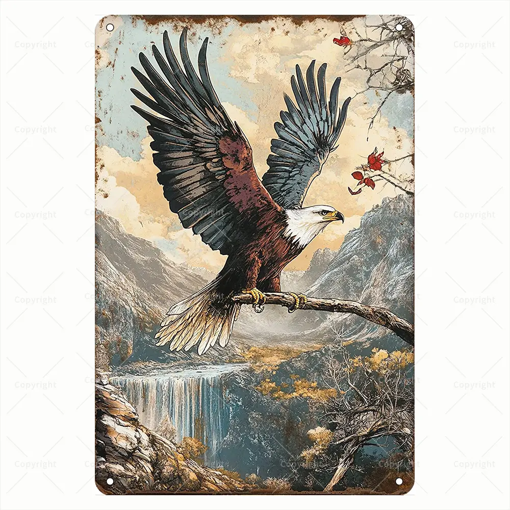 Vintage Bald Eagle Cast Iron Wall Art Print - Rustic Tin Home Decor, Kid Room Gift - Durable, Wipe-Clean, No Power Needed, Vivid Colors, Easy to Hang - 8"x12"