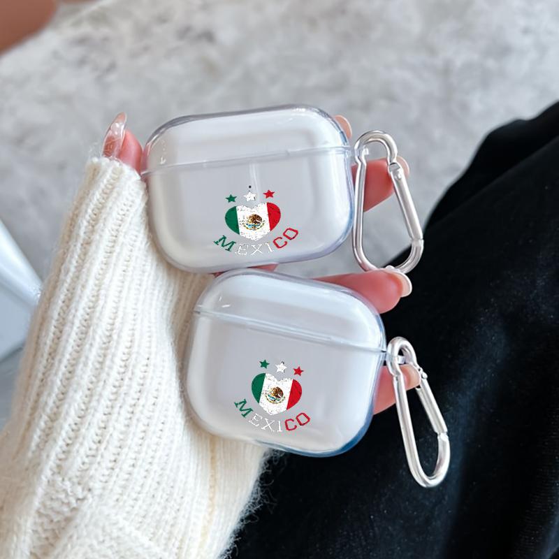 Cool Mexican Heart Symbol Pattern TPU Soft Protective Case for Apple AirPods 4/3/2/1/Pro/Pro2 Transparent Earphone Cover with Keychain Attachment