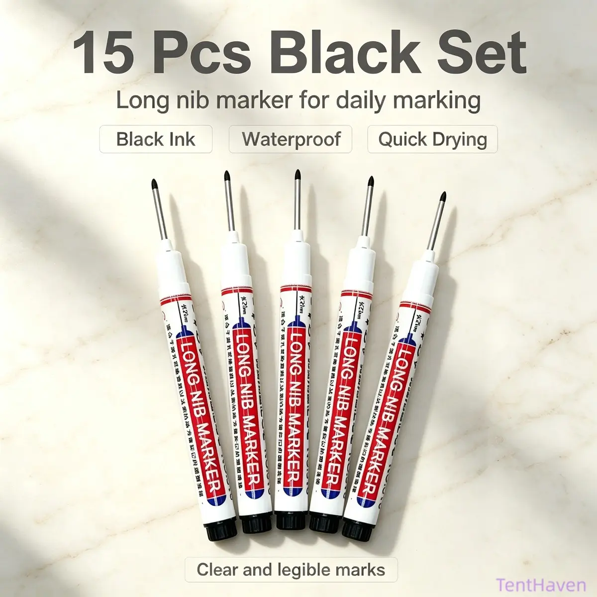 15-Pack Long Nib Deep Hole Marker Set, Oil-Based Waterproof Quick-Dry Permanent Drawing Markers, Construction Use Marking Pen Precision Tool for Wood, Metal, Plastic, Ceramic