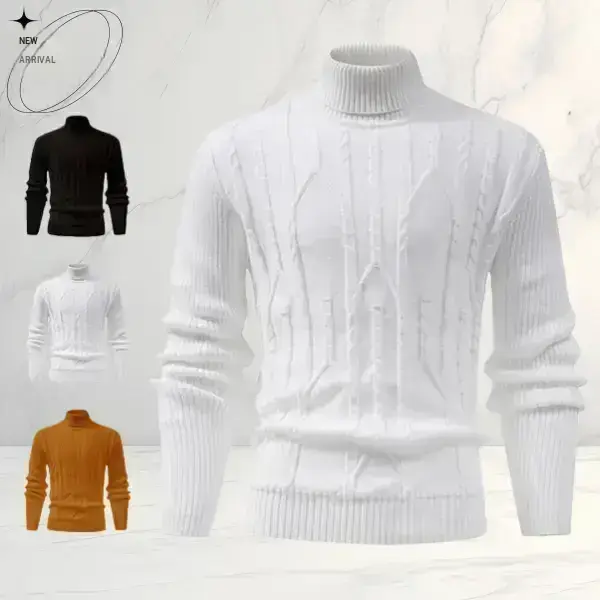 New Men's Turtleneck Cable-Knit Knitwear - Polyester, High Neck, Thermal Insulation, Loose Fit, Retro Layered Style, Plain Long-Sleeve, Cold Weather Fall Winter Top, Casual White Menswear, Father's Day Gift, Fitted Option, Cold Wash Compatible