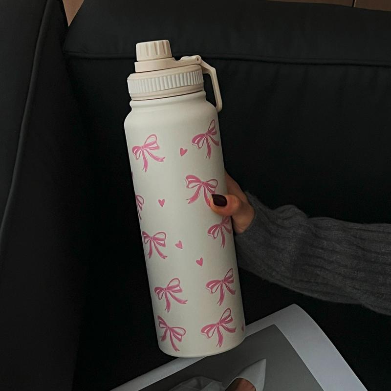 Bow Pattern Stainless Steel Vacuum Flask, 1 Count Portable Large Capacity Water Bottle, Summer Cool Bottle Drinking Cup for Home Office Outdoor Sports, Drinkware, Vacuum Insulated Flask, Stainless Steel Tumbler