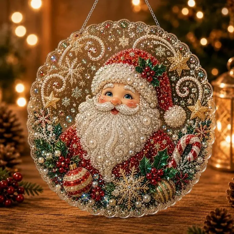 DIY Diamond Painting Santa Claus Hanging Ornament Kit, Shiny Colorful Gem Art Craft, Christmas Holiday Home Decor Pendant for Tree & Window, Festive Gift Set，Festival Gift Kit