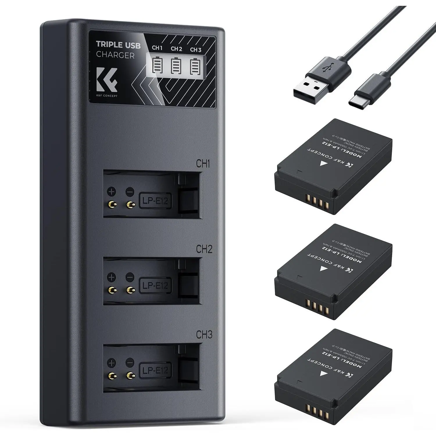 K&F CONCEPT LP-E12 Battery 3-Pack and Upgraded LCD EOS M50 Battery Charger Compatible with Canon M50, M50 Mark II, M, M2, M10, M100, M200, Rebel S1, PowerShot SX70 HS Cameras