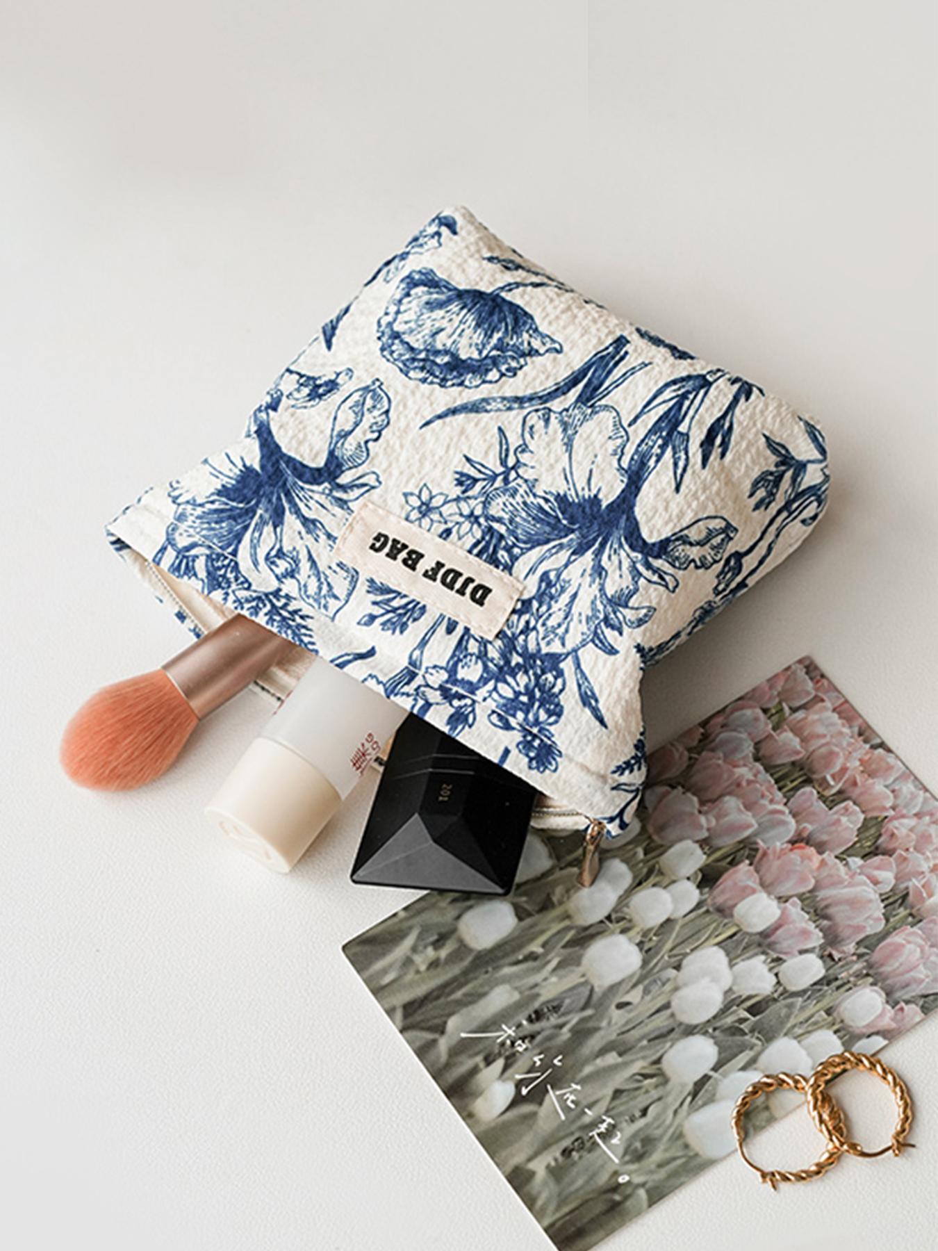 Floral Pattern Makeup Bag, Portable Cosmetic Storage Bag, Zipper Makeup Organizer Pouch, Versatile Storage Bag for Travel, Dormitory, Office, Home, Handheld Cosmetic Pouch