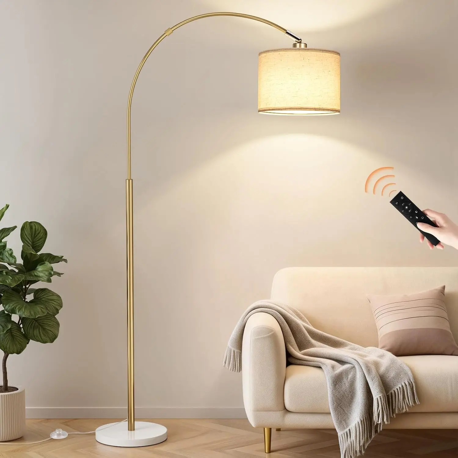 Dimmable Arc Floor Lamp with Remote, Color Temperatures and Brightness Adjustable, Arched Floor Lamp with Rotating Head, Over Couch Arched Reading Light for Living Room (Marble Base)