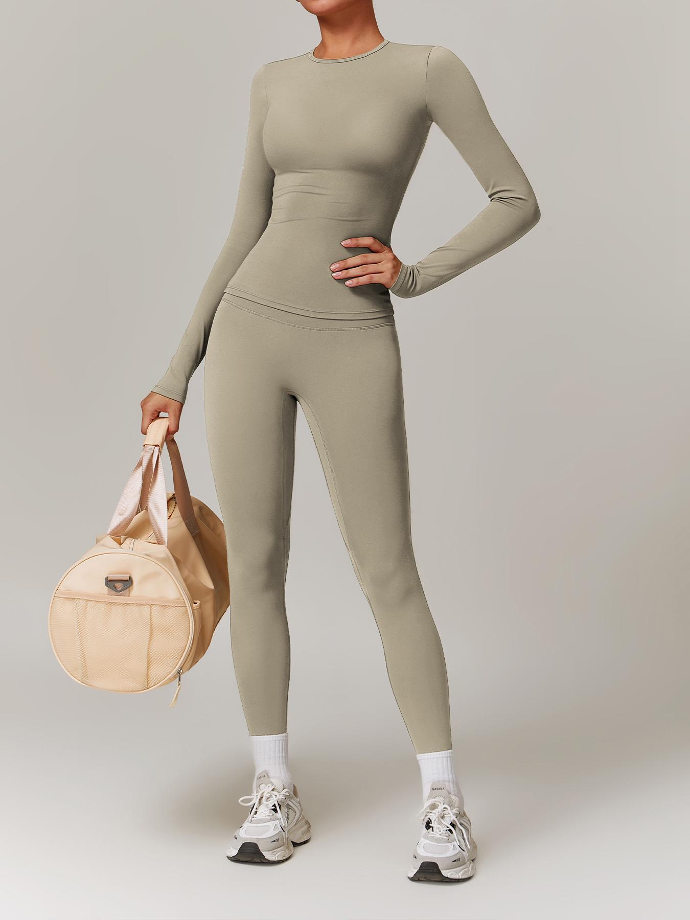 Women's Solid Long Sleeve Skinny Tee & High Waist Leggings Tracksuit Set, Workout Running Clothes, Sporty Breathable Quick Drying Outfits for Gym Workout Running, Ladies Outdoor Yoga Suit for All Seasons, Quick Dry Activewear