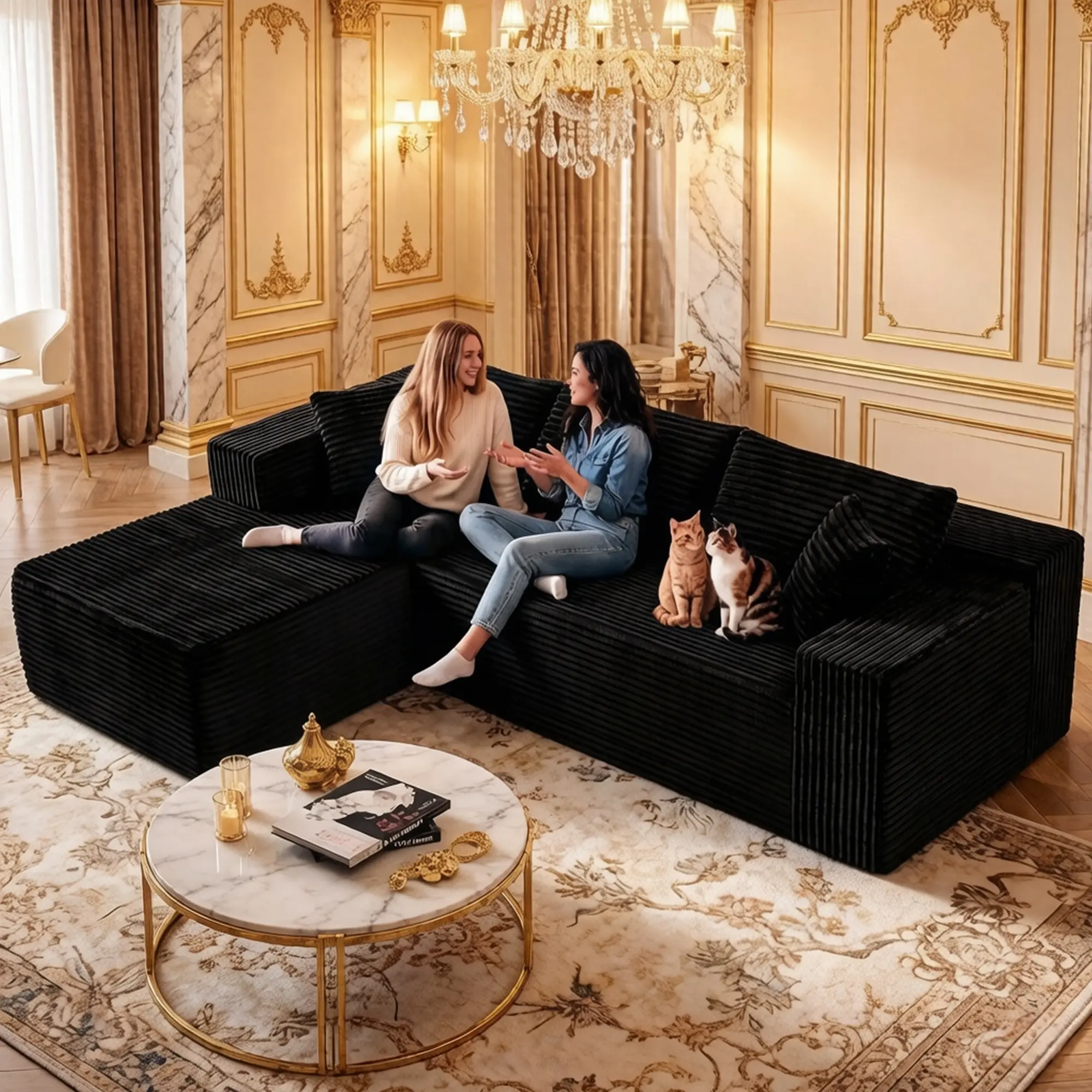 Black+Left Facing Chaise+3 Seat