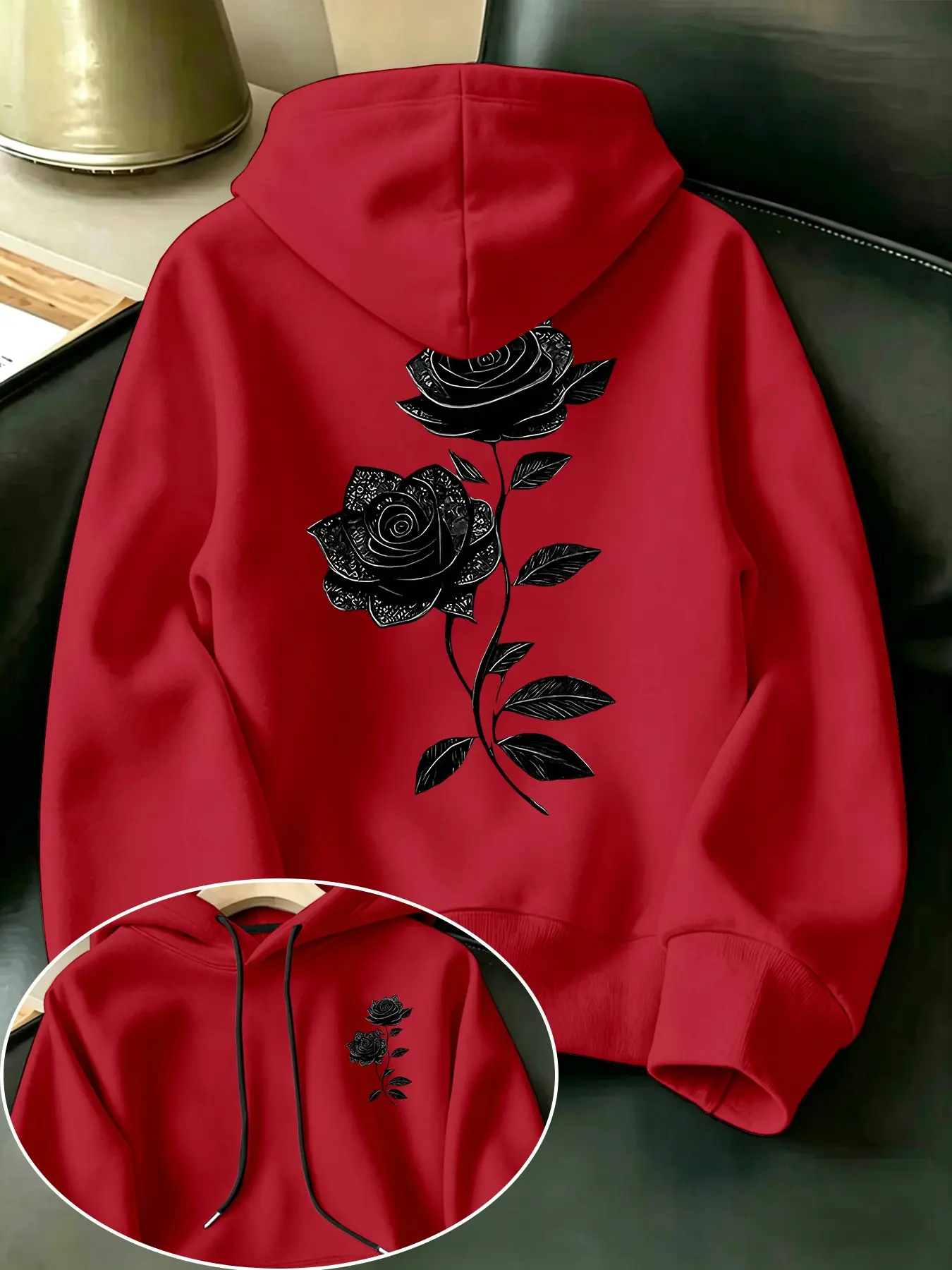 Versatile Casual Loose Hooded Fleece Sweatshirt Tops, Rose Floral Pattern Double-Sided Print, Trendy Fashion, Unisex Fall & Winter Wear