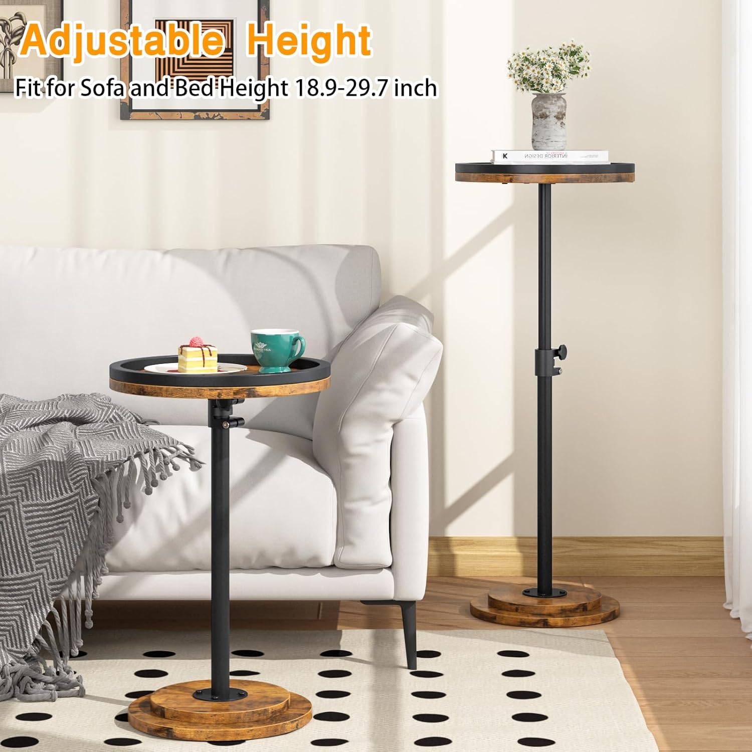Small Side Table, Drink Table, Height Adjustable Round End Table, Pedestal Side Table for Small Spaces in Living Room, Bedroom, Brown