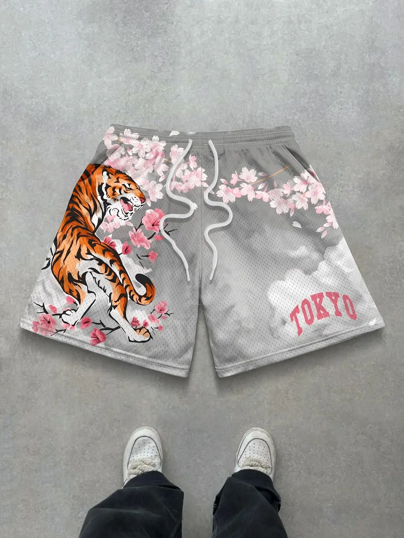 Men's Gray Tiger Cherry Blossom Graphic Shorts, Fashionable Summer Shorts, Loose Drawstring Shorts with White Smoke, Floral and TOKYO Letter Prints, Wide-Leg Fit and Elastic Waist, Retro Y2K Japanese Streetwear for Summer and Casual Wear