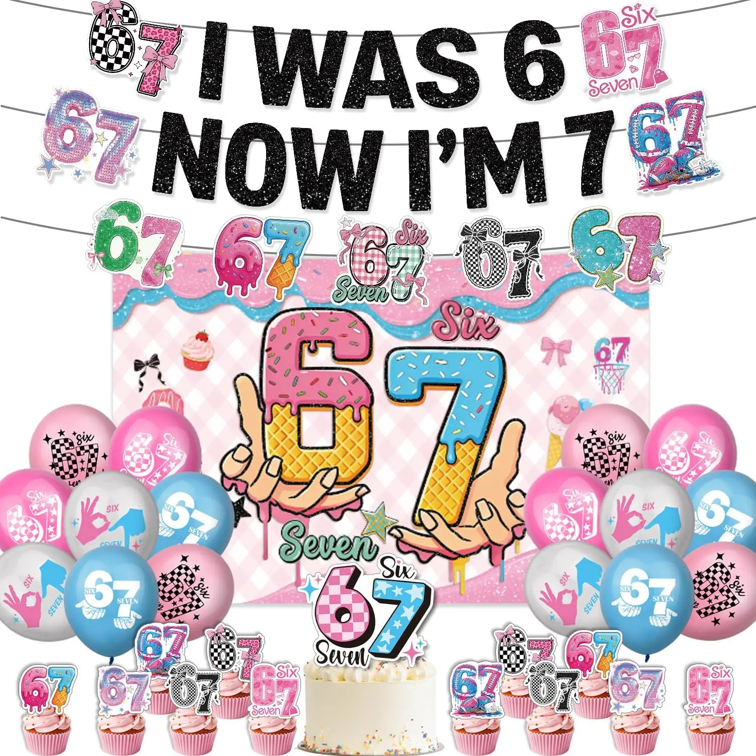 6 7 Birthday Decorations, 67 Party Decorations with Backdrop, Banner, Cake Topper, Cupcake Toppers, Balloons, 67 Birthday Decorations for I Was 6 Now I'm 7 Birthday Decorations