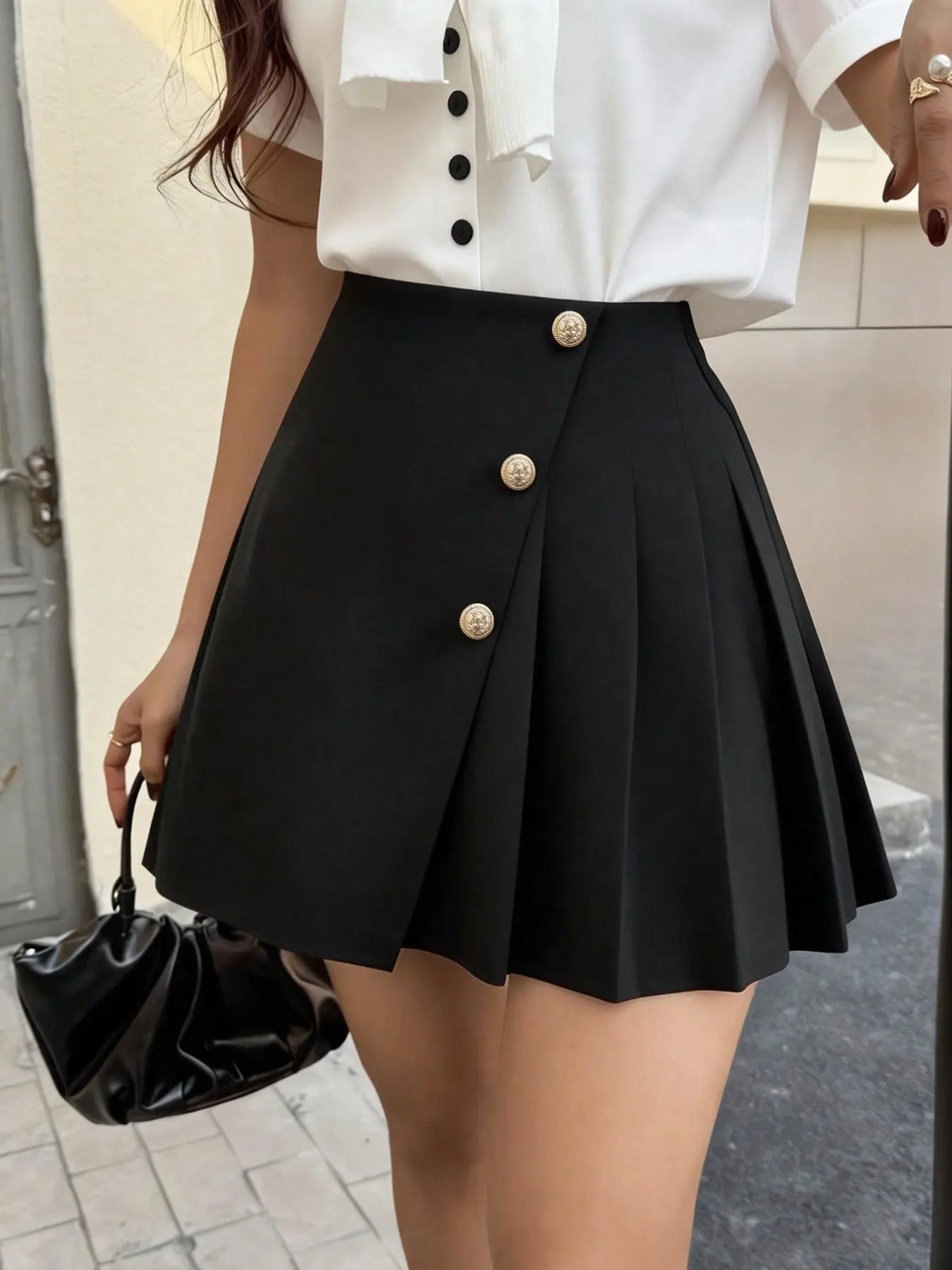 Women's Asymmetric Pleated Short Skirt, High Waist Metal Button Decor, A-Line Anti-Exposure, Summer Elegant Office Date