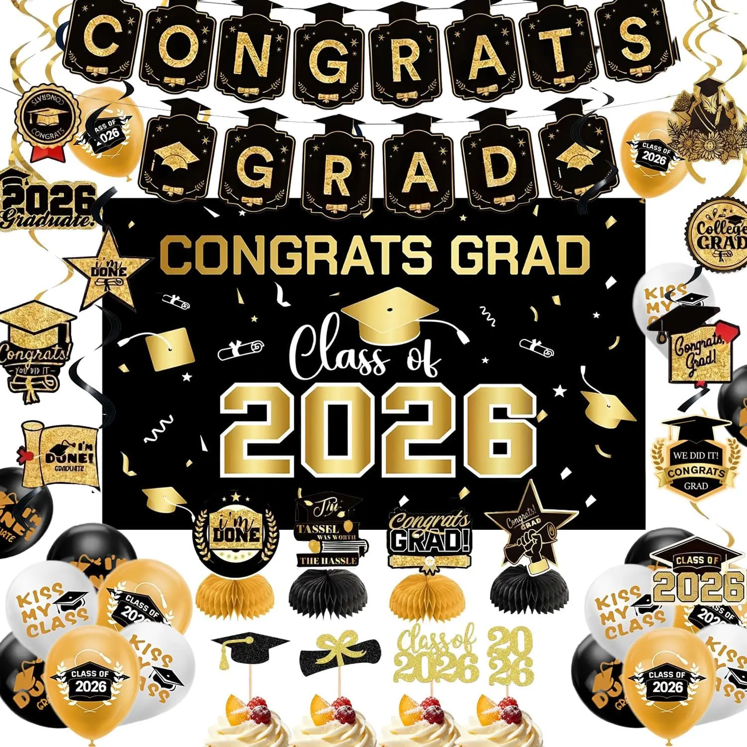 Graduation Decorations 2026 Black  Party Decor Set Grad Banner Class of 2026 Backdrop, Balloons,Streamers & Cupcake Toppers Kit - Complete Party Supplies for High School & College Celebrations