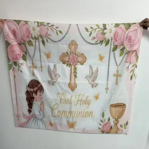 2D Flat 1PC Polyester Banner, Girl's First Holy Communion Theme, Sweet Fresh Style, for Communion Ceremony Decor, Church Event Setup, Memorial Photography, Indoor & Outdoor Use