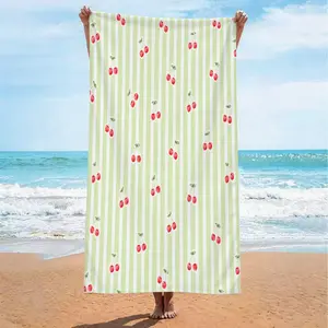 1 Pack Light Green Striped Cherry Digital Print Beach Towel, Quick Dry Water Absorbent Soft Pool Towel, Lightweight Portable Camping Towel, Vivid Single-Side Printed Beach Towel for Beach, Pool, Swimming, Picnic & Travel