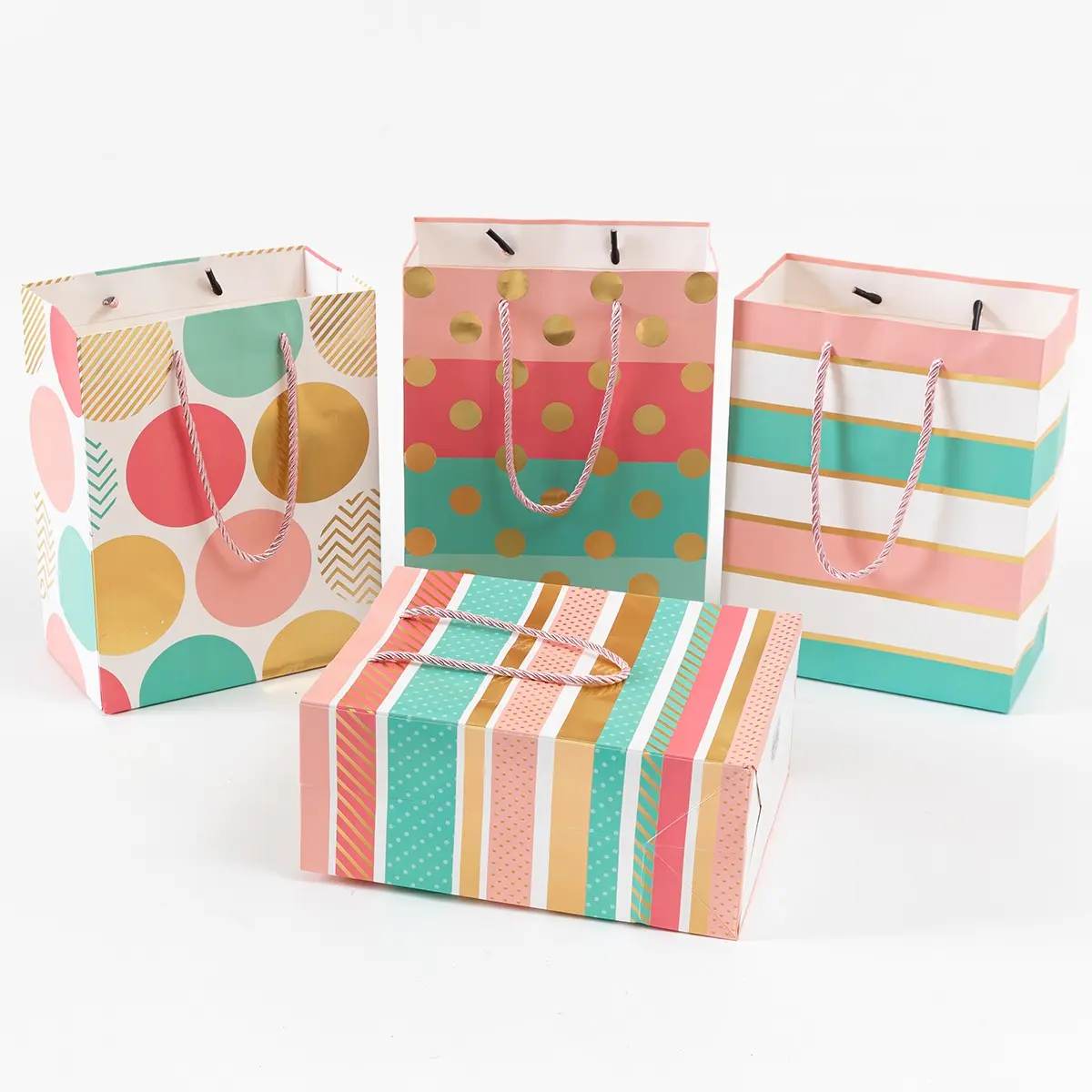 Set of 12 Macaron-Print Gift Bags, Geometric Polka Dot & Stripe, 9x7x3.9 Inches, Ideal for Parties, Birthdays, Valentine’s Day, Mother’s Day