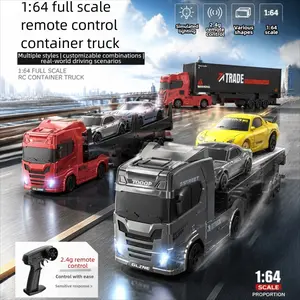 1:64 Scale Remote Control Cargo Trailer Set, RC Vehicle, Detachable Multi-Mode Hangers, 2.4g Remote with LED Lights, Includes Toy Cars and Road Cones