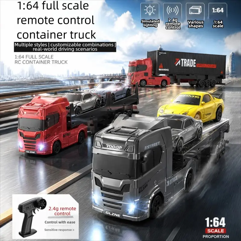 1:64 Scale Remote Control Cargo Trailer Set, Remote Control Model, RC Vehicle, Detachable Multi-Mode Hangers, 2.4g Remote with LED Lights, Includes Toy Cars and Road Cones