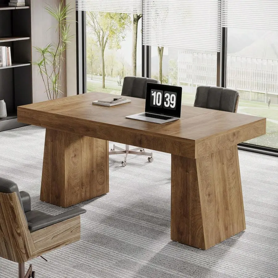55 Inche Executive Desk, Mid-Modern Home Office Desk, Wood Computer Table Business Workstation Small Conference Table, Light Brown