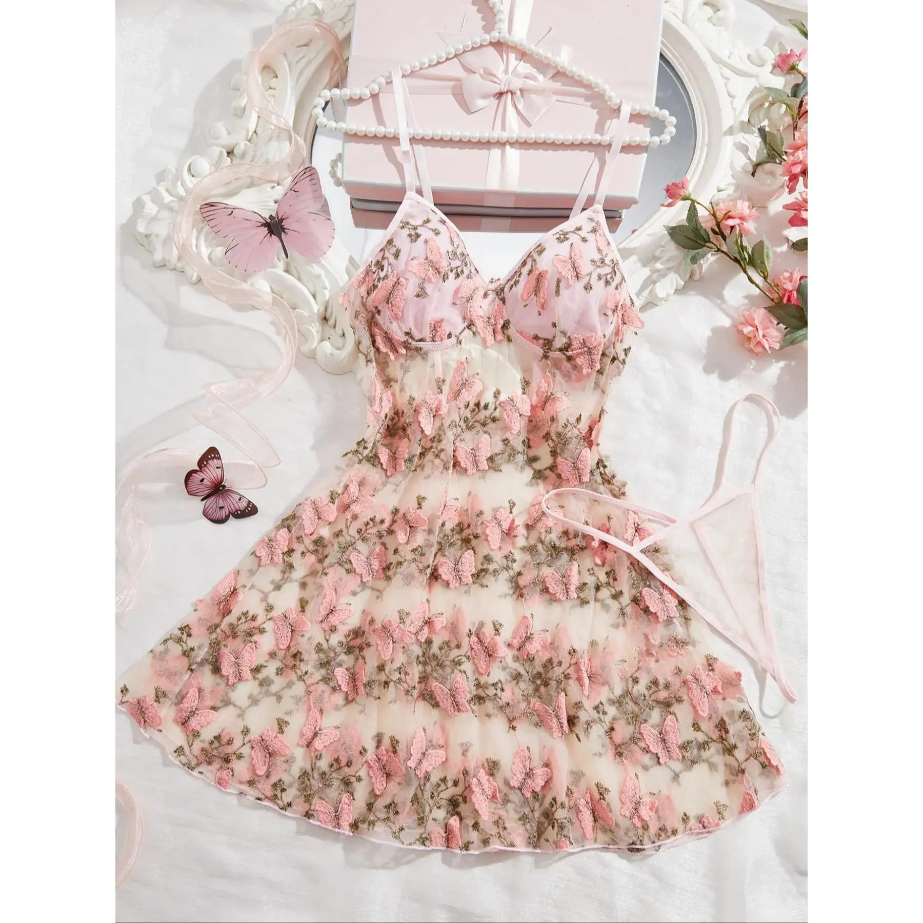 Women's 2-Piece Butterfly Embroidery Cami Nightdress & Thong Lingerie Set - Fitted Cut, Comfy Breathable, Elegant, All-Season Ladies Sleepwear, Chemise Underwear