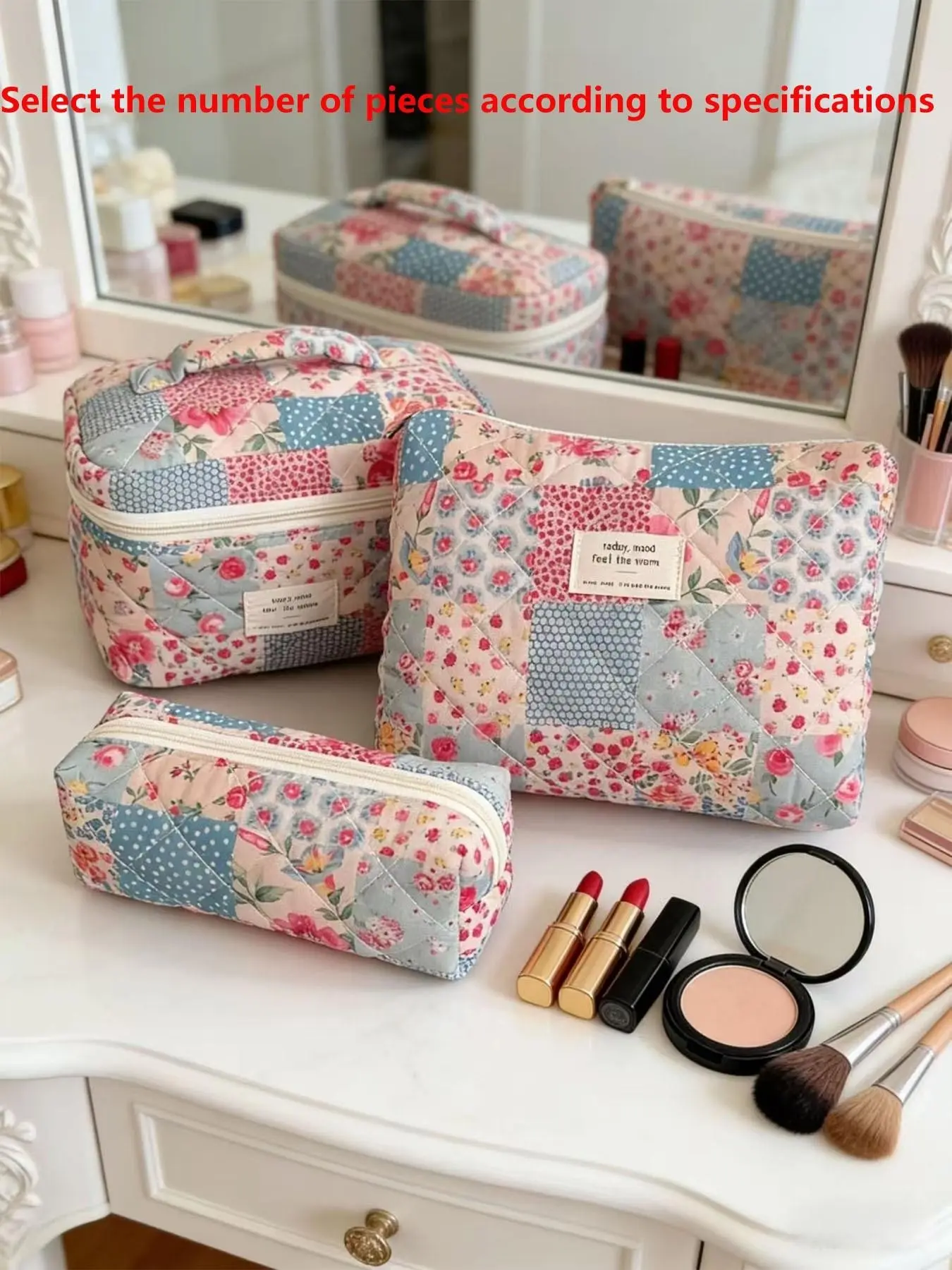 Vintage Patchwork Floral Diamond Quilted Makeup Bag, Multi-Size Zipper Cosmetic Storage Pouch, Soft Fabric Portable Handheld Travel Toiletry Makeup Bag for Desktop Cosmetic Sorting, Back to School Daily Outdoor Touch-Up Beauty Organizer