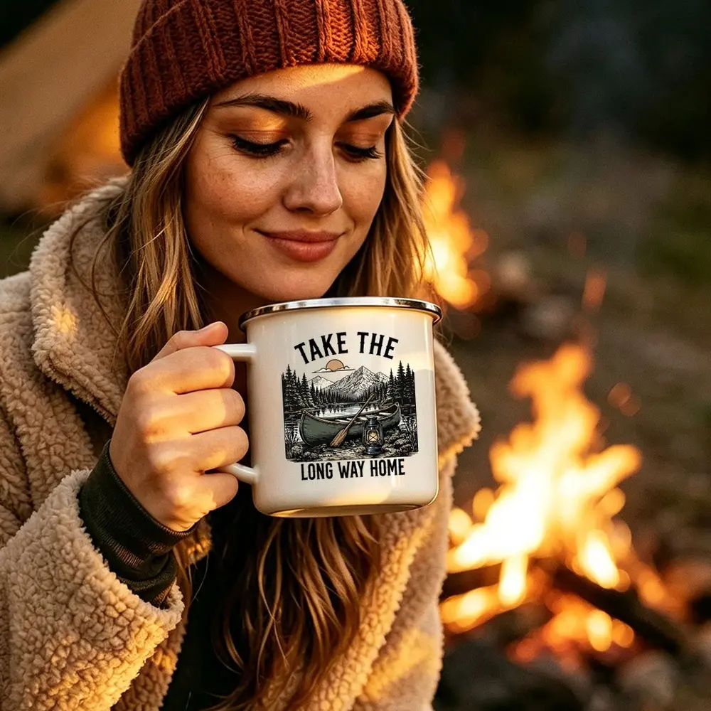 12oz Retro Camping Enamel Mug Portable Outdoor Travel Coffee Cup Durable Camp Drinkware Home Decoration Gift for Van Life RV Camping Lovers Hiking Backpacking Road Trip Backyard Camping Cup