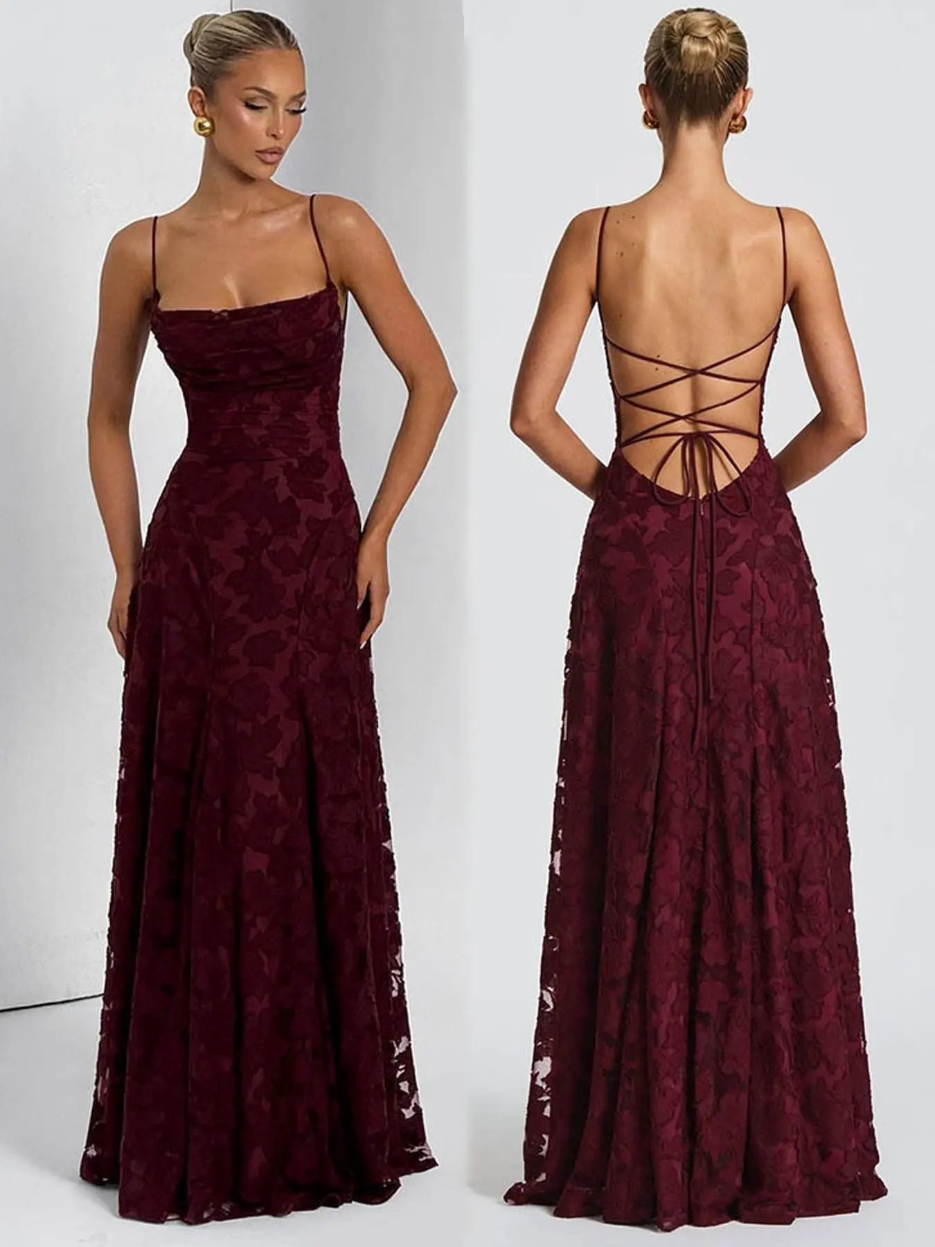 2026 Summer New Sexy Embroidered Long Pleated Dress, Solid Color Backless Tie Strap High-End Halter Long Dress, Beach Resort French Vintage Chic Lace Dress, Evening Gown