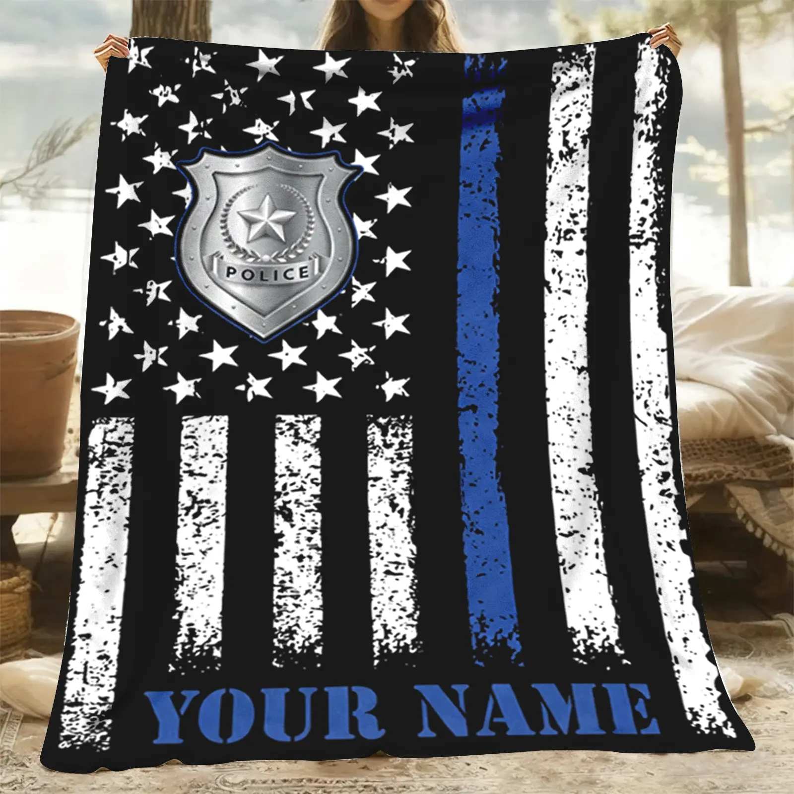 Customized Thin Blue Line Police Badge Flannel Throw Blanket - Multi-Size, All Seasons, Wrinkle Resistant, Soft Cozy Warm, Distressed Stars and Stripes American Flag, Patriotic Officer Design, Law Enforcement Birthday Gift for Adults, Memorial Day Use
