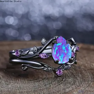 Unique Black Stacking Ring Set Water Drop Imitation Opal Trendy Rhinestone Decor Statement Multi Layer Finger Bands Women Fashion Engagement Jewelry Birthday Gift Accessories