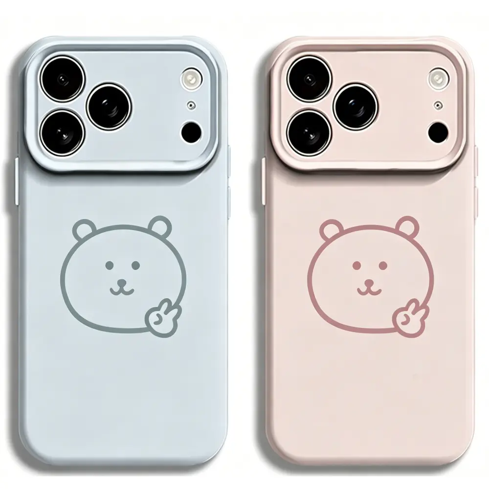 Viral Minimalist Nagano Joke Bear Peace Sign Soft Silicone Phone Case - Eco-Friendly, Pastel Pink/Blue Couple Matching, Matte Shockproof Cover for iPhone 17,16 Pro Max,15,14 Plus,13 Multi-Model Mobile Accessory, Accessories, Patterned