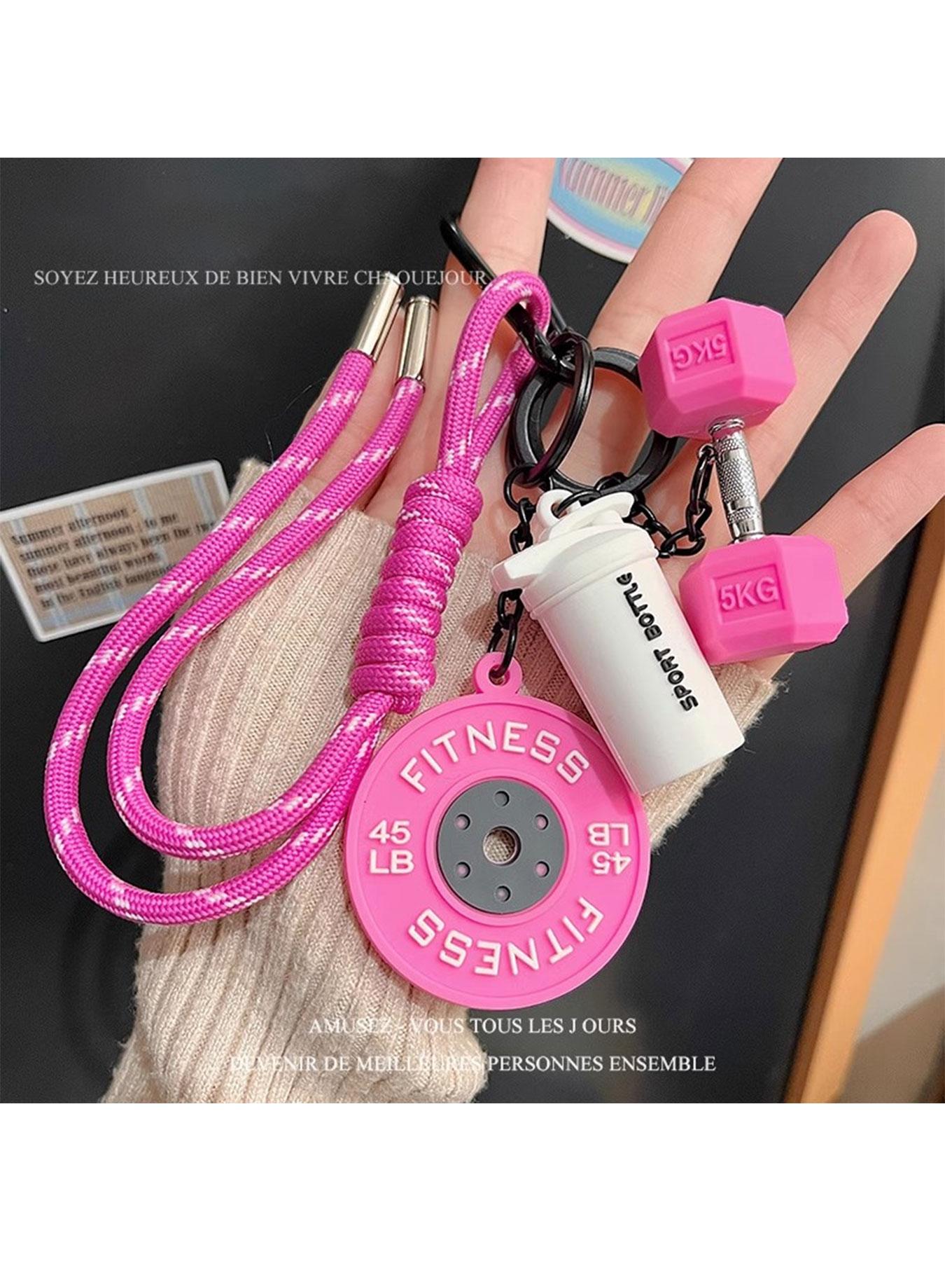 Fitness Gym Keychain, Barbell & Dumbbell Pendant Lanyard Keyring with Woven White and Pink Rope, Bag/Purse Charm and Weightlifting Themed Jewelry Accessory