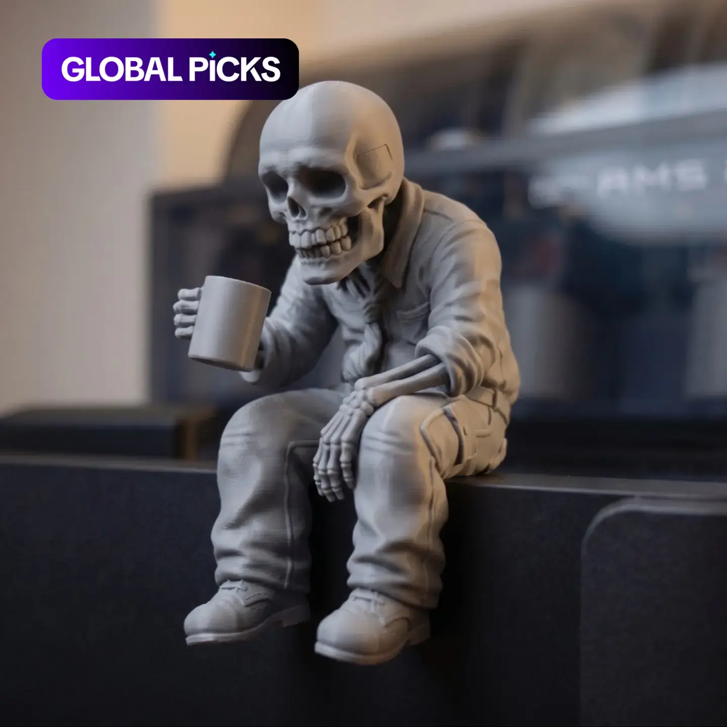 8cm Work Burnout Skeleton Ornament, Funny Coffee Skeleton Desk Decor, Desktop Ornaments, Creative Desktop Decoration, Gothic 3D Printed Statue for Home Office, Sarcastic Work From Home Companion, Printed Home Ornaments, Creative Home Decor, Decor Figurine