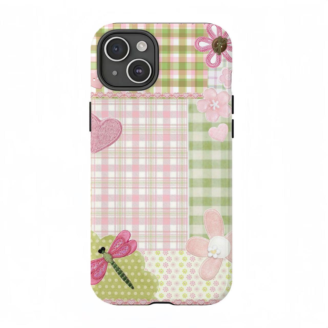 Cute Cottagecore Patchwork Phone Case|Pink Green Gingham Floral Protective Cover For iPhone 11 12 13 14 15 16 17 Pro Max For Samsung S26 S25 S24 S23 S22-Gift For Her/Him