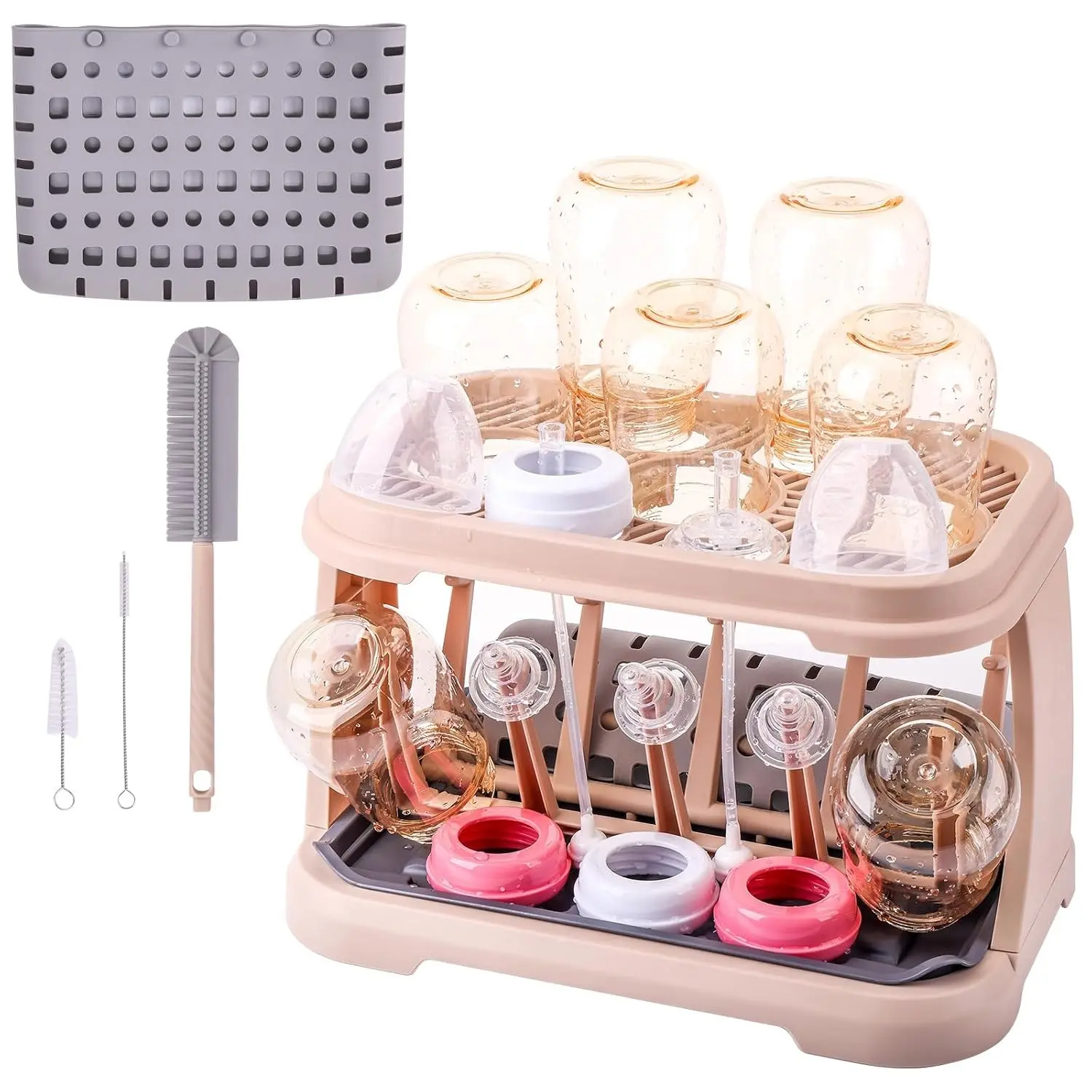 Space Saving Standing Baby Bottle Drying Rack with Brush & Dishwasher Basket, Compact Organizer Holds Up to 8 Bottles for Baby Bottles Pump Parts & Accessories (Pink Lotus Root)