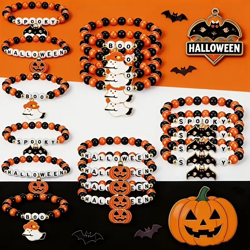 12/24pcs Punk-Style Halloween Fashion Handmade Beaded Bracelet Featuring Cartoon, Bat, And Pumpkin Pendants, Perfect for Celebrating Festive Parties And Decorations