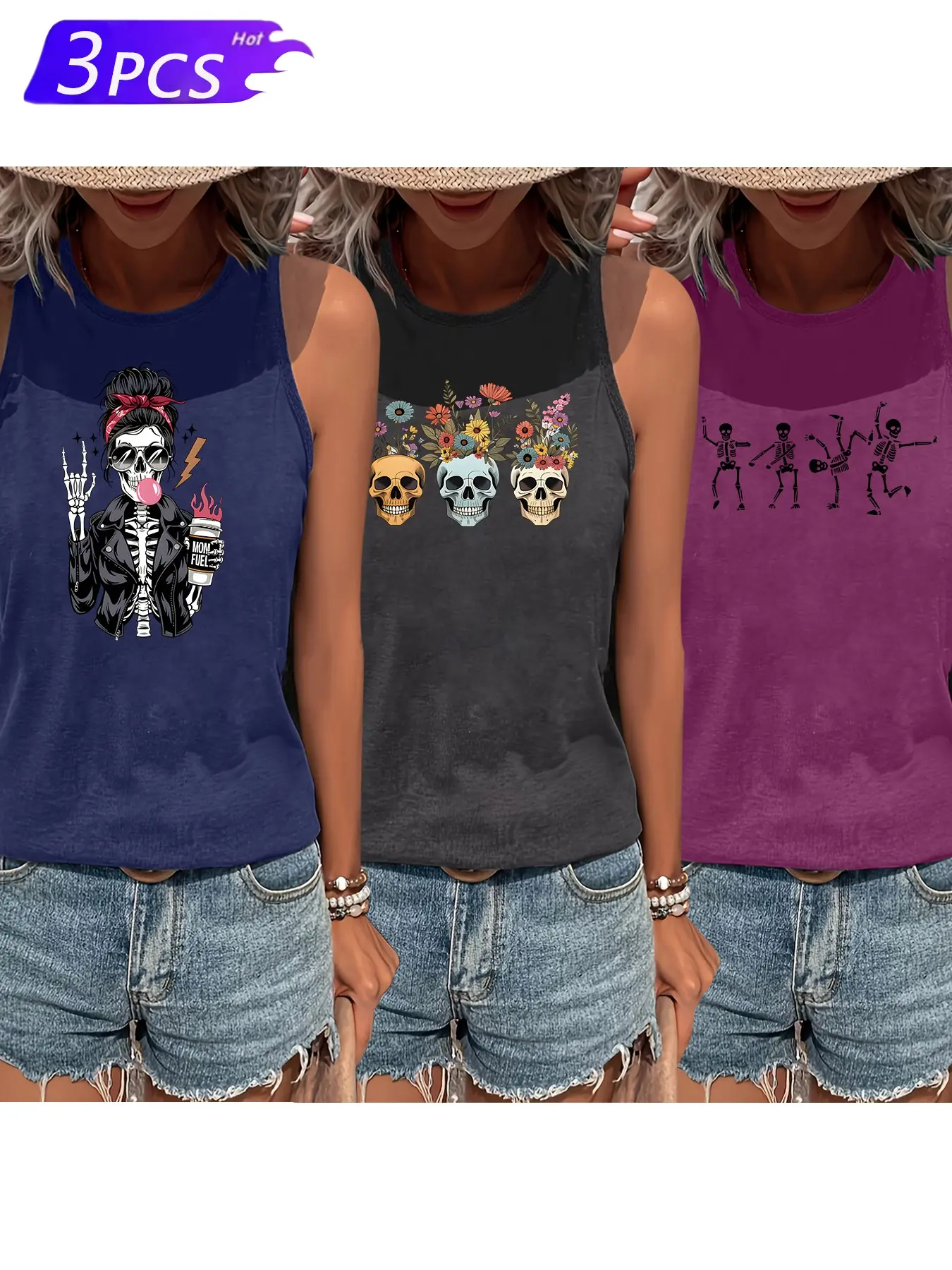 Halloween Skull Pattern Fashion Casual Round Neck Women's Three-Piece Set, Backless Tank Top, Soft Stretch, All Seasons