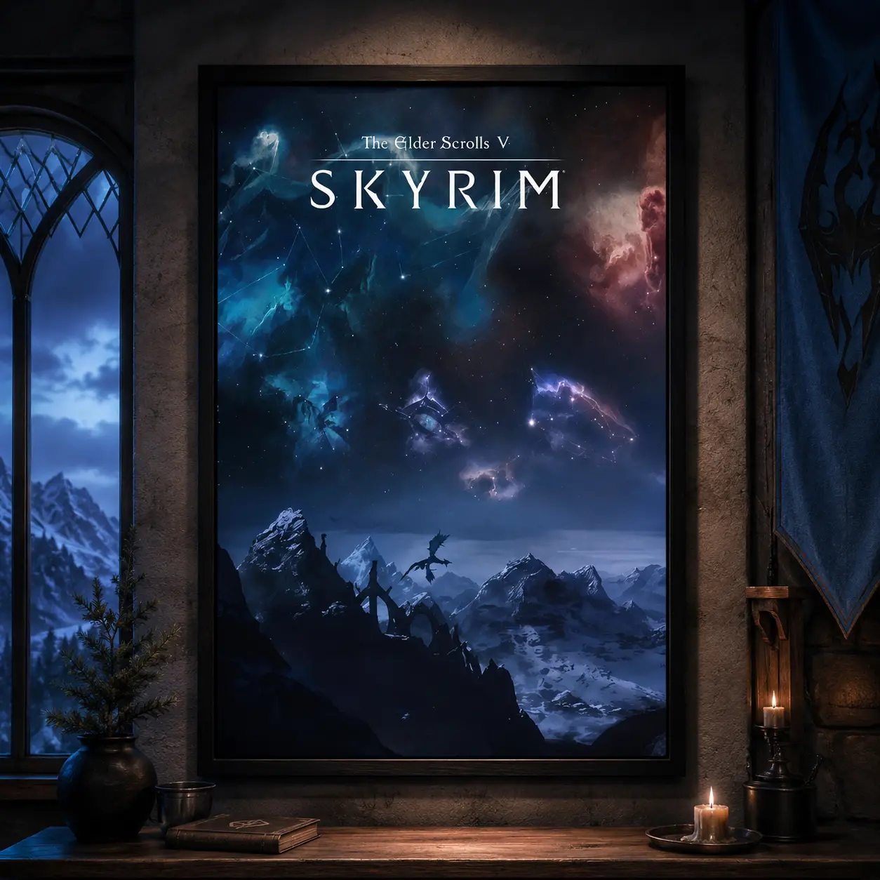Skyrim The Elder Scrolls V Galaxy Game Print Poster, Video Game Canvas Wall Art Print, Fantasy RPG Gaming Decor for Bedroom Dorm Office Man Cave, Vintage Game Poster, Gift for Video Game Fans