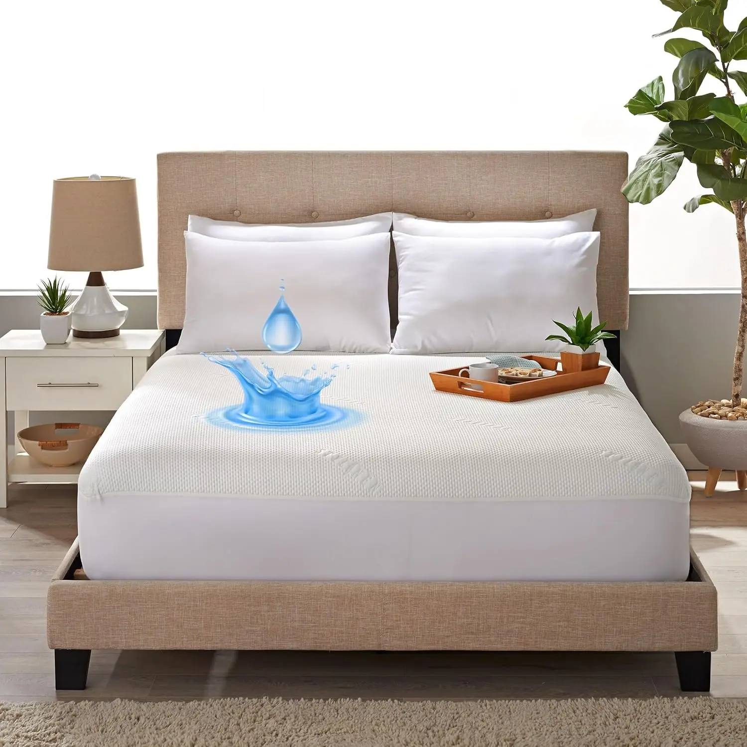 Tencel Eucalyptus Waterproof Mattress Protector - 100% Waterproof, Ultra Soft & Cooling with 16 Deep Pockets, Noiseless Protection from Stains & Spills (Queen)