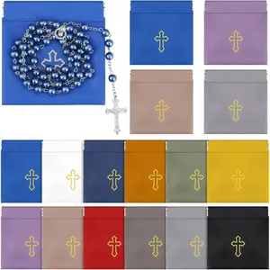12 Pack Squeeze Top Rosary Pouch with Gold Cross Imprint Bulk PU Leather Rosary Case Bags Catholic, Assorted Colors