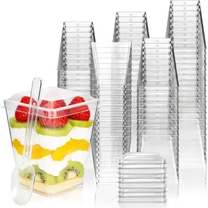 50 Pack Dessert Cups with Lids and Spoons,5 oz Mini Dessert Cup,Elegant Clear Plastic Parfait Cup,Disposable Small Square Shooter Cups for Pudding,Yogurt,Appetizer,Mousse,Fruit Trifle for Party,Birthday Holiday Catering Picnic Supplies