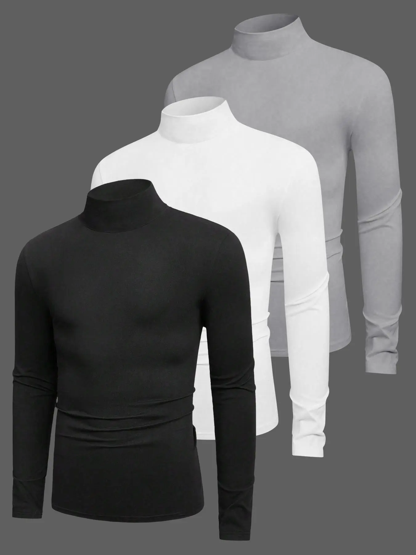 3Pcs Men's Turtleneck Long Sleeve T-Shirt, Slim Fit Solid Color Base Layer Shirts, All Seasons Soft Stretchy Undershirt, Suitable For Daily Wear, Business Casual, Outdoor Activity, Layering Under Jackets And Home Wear