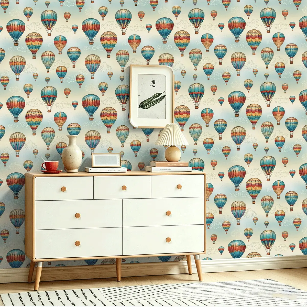 Seamless Peel-And-Stick Wallpaper Roll, Vintage Hot Air Balloon Print, Easy Application, Color Stable, Covers Old Wall Stains, Ideal for Home Decor